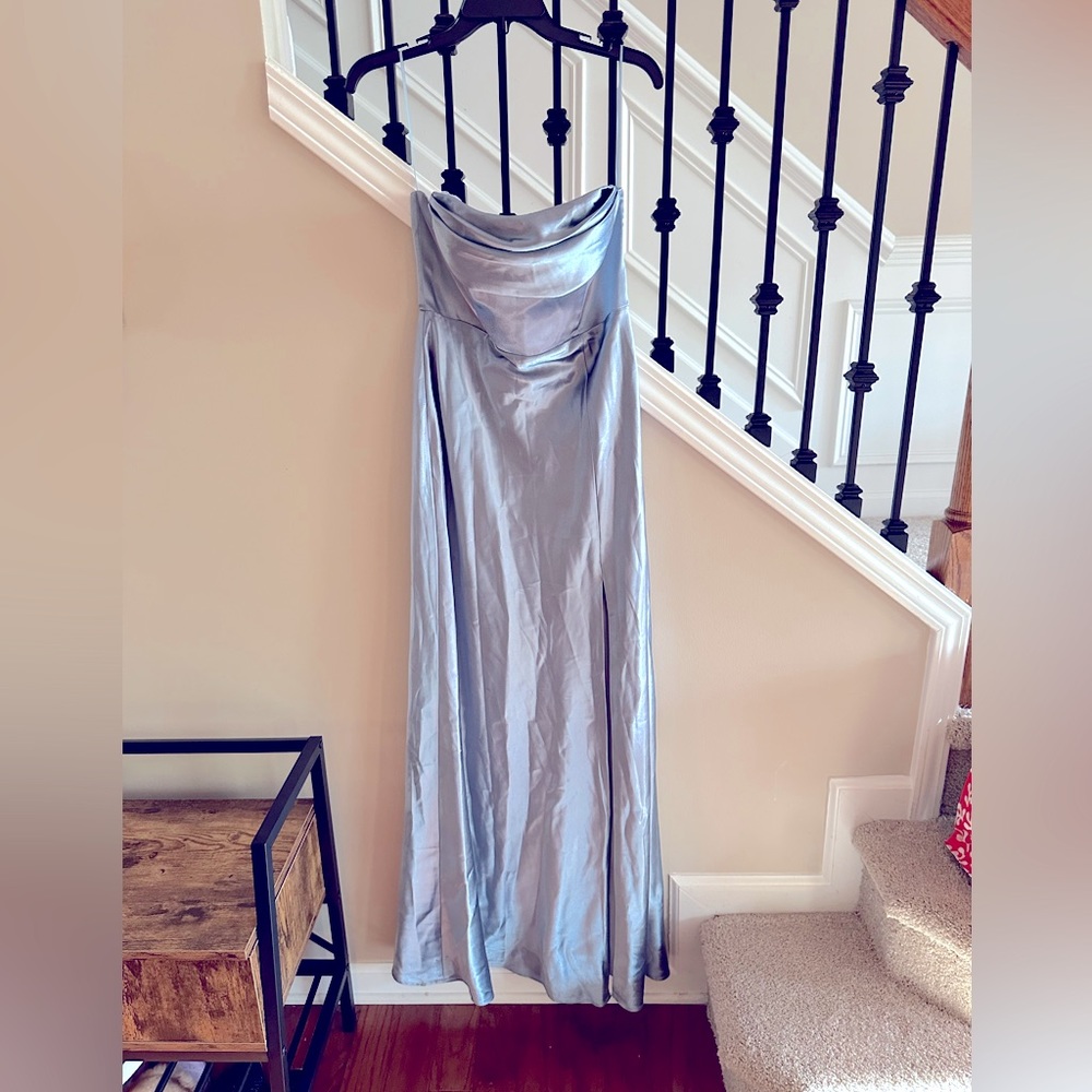 Birdy Gray light dusty blue satin strapless bridesmaids gown with slit sz S - Picture 2 of 8